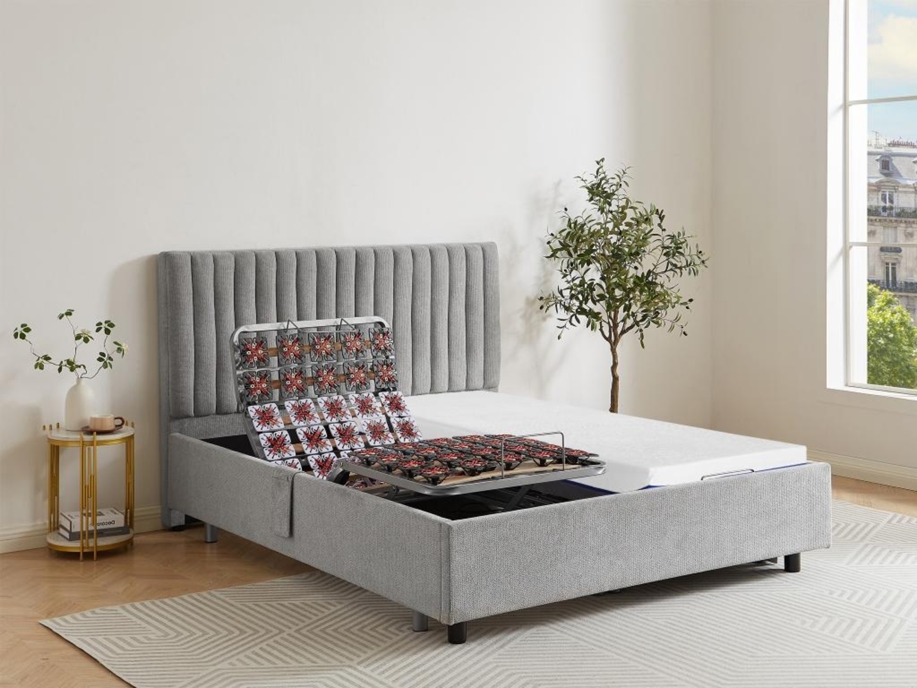 Dekoratives Bett mit elektrischer Relaxfunktion mit Tellern + Memory-Schaum-Matratze - 2 x 80 x 200 cm - Stoff - Grau - SASORA von DREAMEA Bild 1