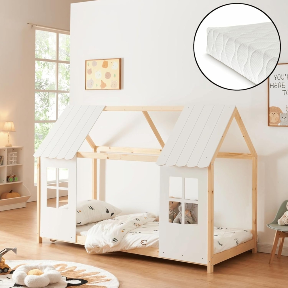 DELUKE® Kinderbett 90x200 GELO - mit Matratze Lattenrost Rausfallschutz Haus-OptikEinzelbett aus Holz Hausbett Kinderzimmer Montessori Bett Braun Bild 1