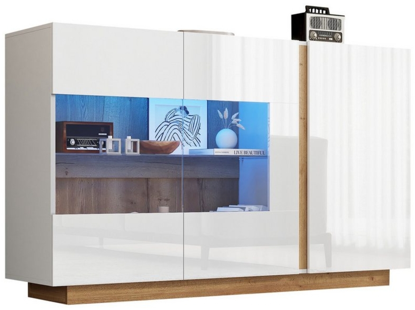 Merax Sideboard Hochglanz Kommode mit LED und Glastür (Modernes Design für Wohnzimmer und Flur), Flurschrank mit Holzsockel, Buffet, Vitrine, Breit: 138cm Bild 1