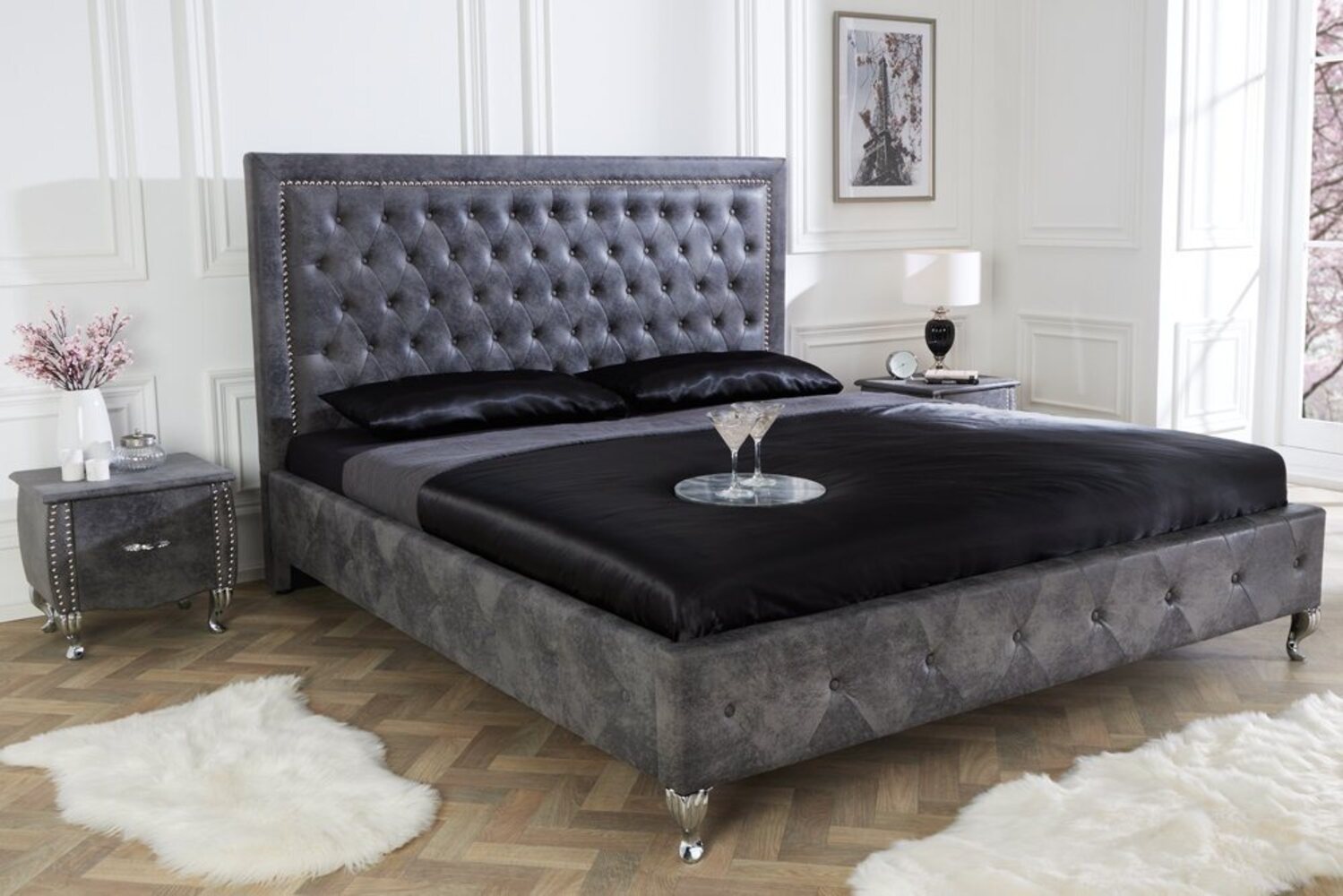 riess-ambiente Bett EXTRAVAGANCIA 180x200cm antik grau, im Chesterfield-Design Bild 1