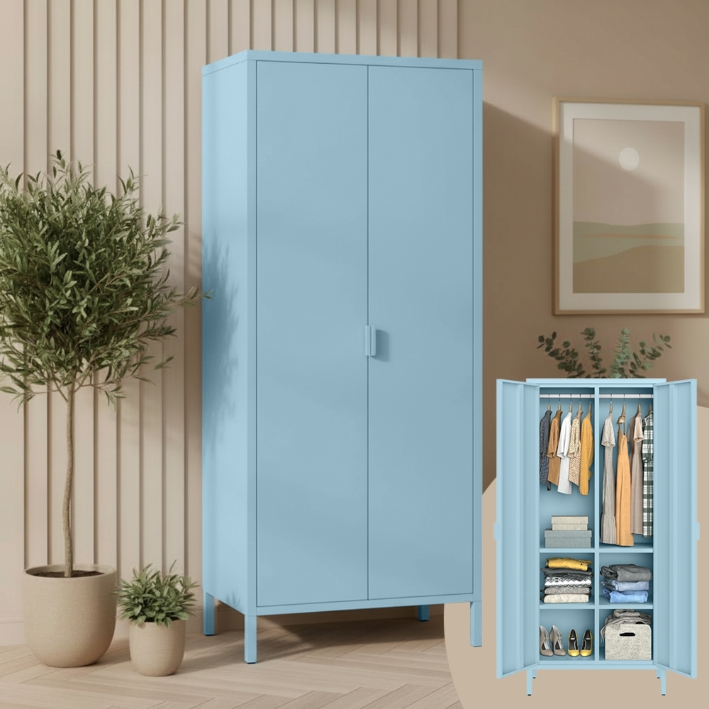 skølm 'Ituri' Kleiderschrank, Metall, 170x45x80 cm, blau, Garderobe mit 4 Fächern und 2 Kleiderstangen Bild 1