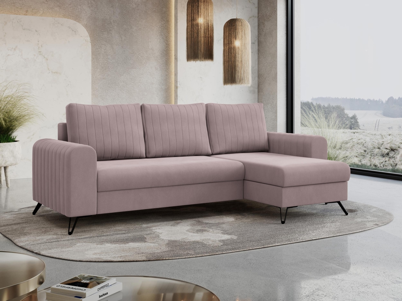 Ecksofa L-form, Bettsofa mit Schlaffunktion, zwei Bettkasten - AXEL - Rosa Velours Bild 1