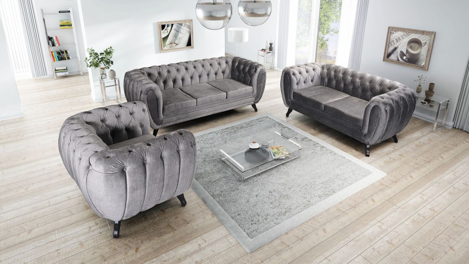 Edles Chesterfield Sofa Set 3-2-1 Sitzer grau Couch Polstersofa Wohnlandschaft Bild 1