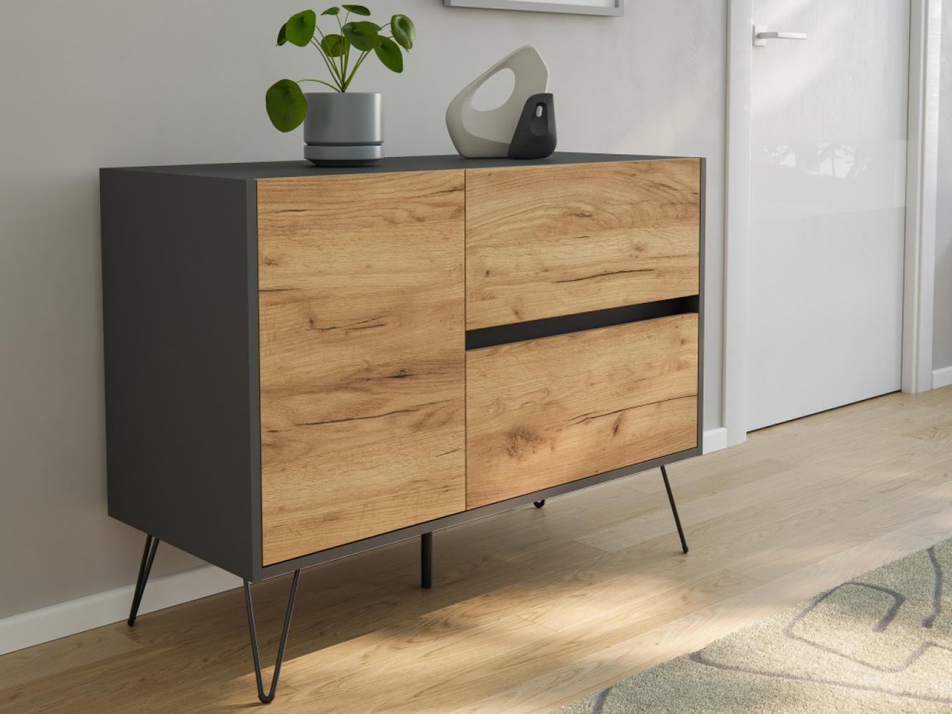 Raumwunder L Sideboard Kommode 100cm 2 SoftClose 1 Tür Grafit/Eiche Front : Oak Gold / Grafit Bild 1