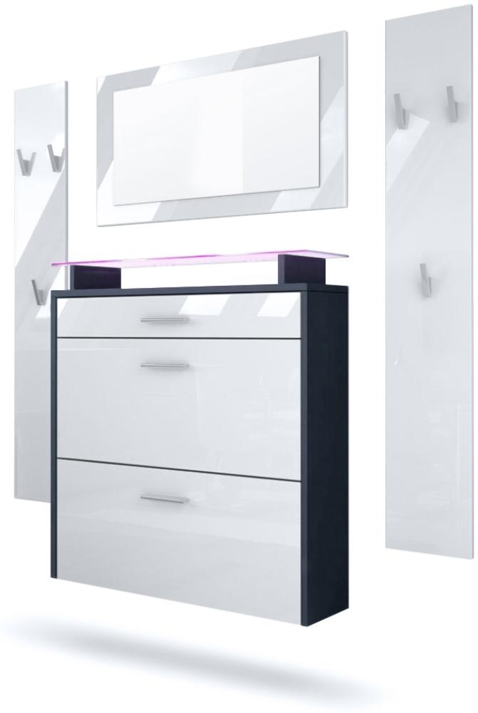 Vladon Garderobe Malea, Garderobenset bestehend aus 1 Hängeschuhschrank, 1 Wandspiegel und 2 Garderobenpaneele, Anthrazit matt/Weiß Hochglanz, inkl. LED-Beleuchtung RGB Bild 1