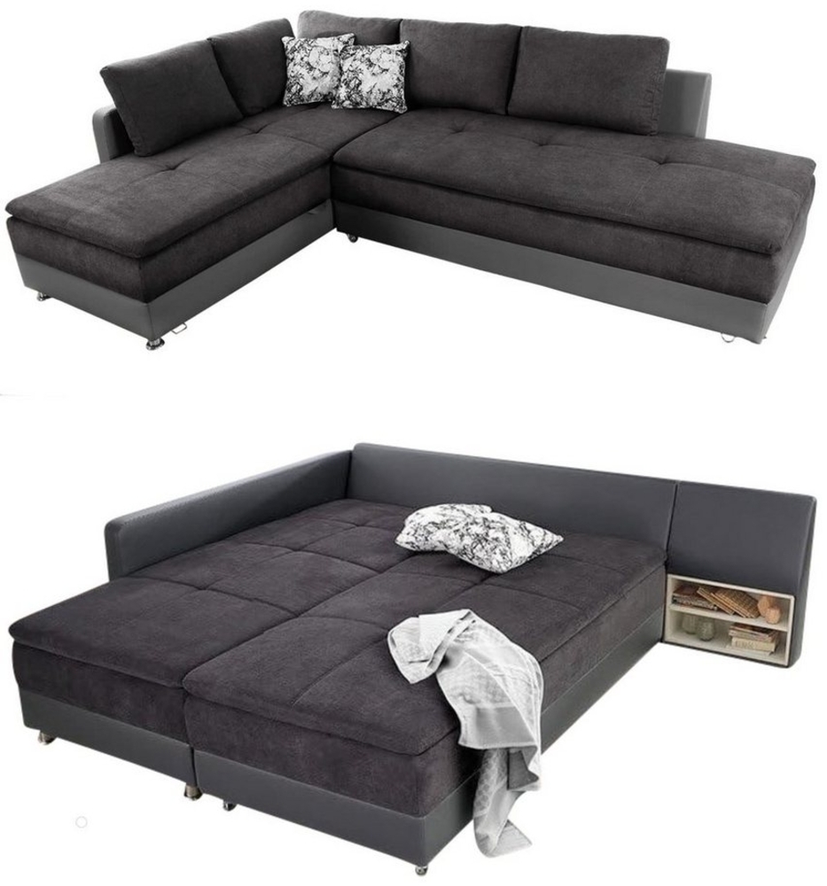 luma-home Ecksofa 15106, Dauerschläfer-Doppelbett 306x223 cm, Schwenkteil rechts, Bettkasten, Regal, Boxspring, Federkern, Wellenunterfederung, Topper, Mikrofaser Anthrazit/Kunstleder Grau Bild 1