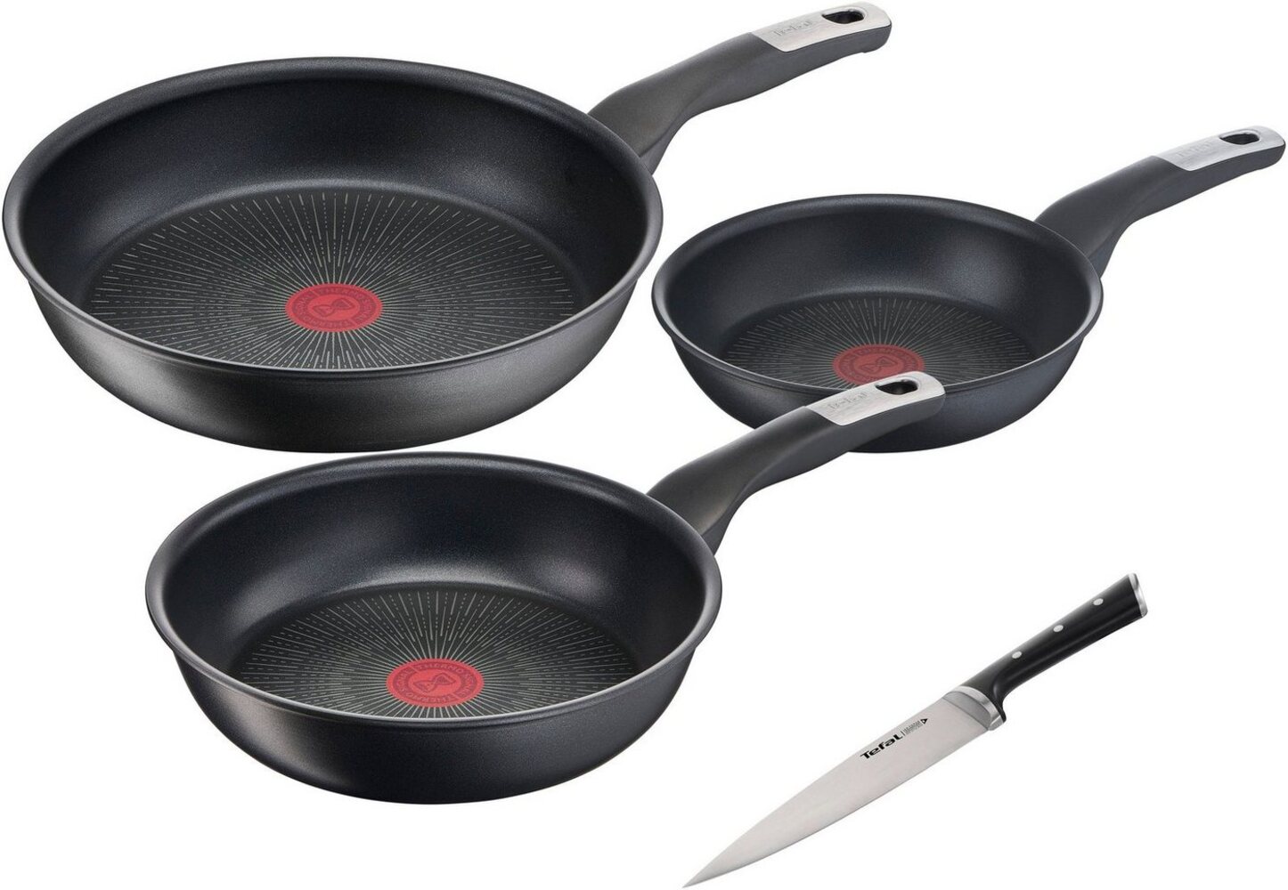 Tefal Pfannen-Set Unlimited Ice Force, Aluminium (Set, 4-tlg, je 1 Bratpfanne Ø 20/24/28 cm, Kochmesser 20 cm), kratzfeste Antihaftversiegelung, Thermo-Signal, inkl. Kochmesser Bild 1
