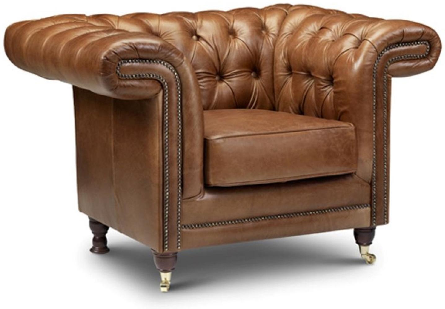 Casa Padrino Luxus Chesterfield Leder Sessel Braun / Dunkelbraun / Gold 127 x 95 x H. 85 cm - Echtleder Wohnzimmer Sessel - Chesterfield Wohnzimmer Möbel Bild 1