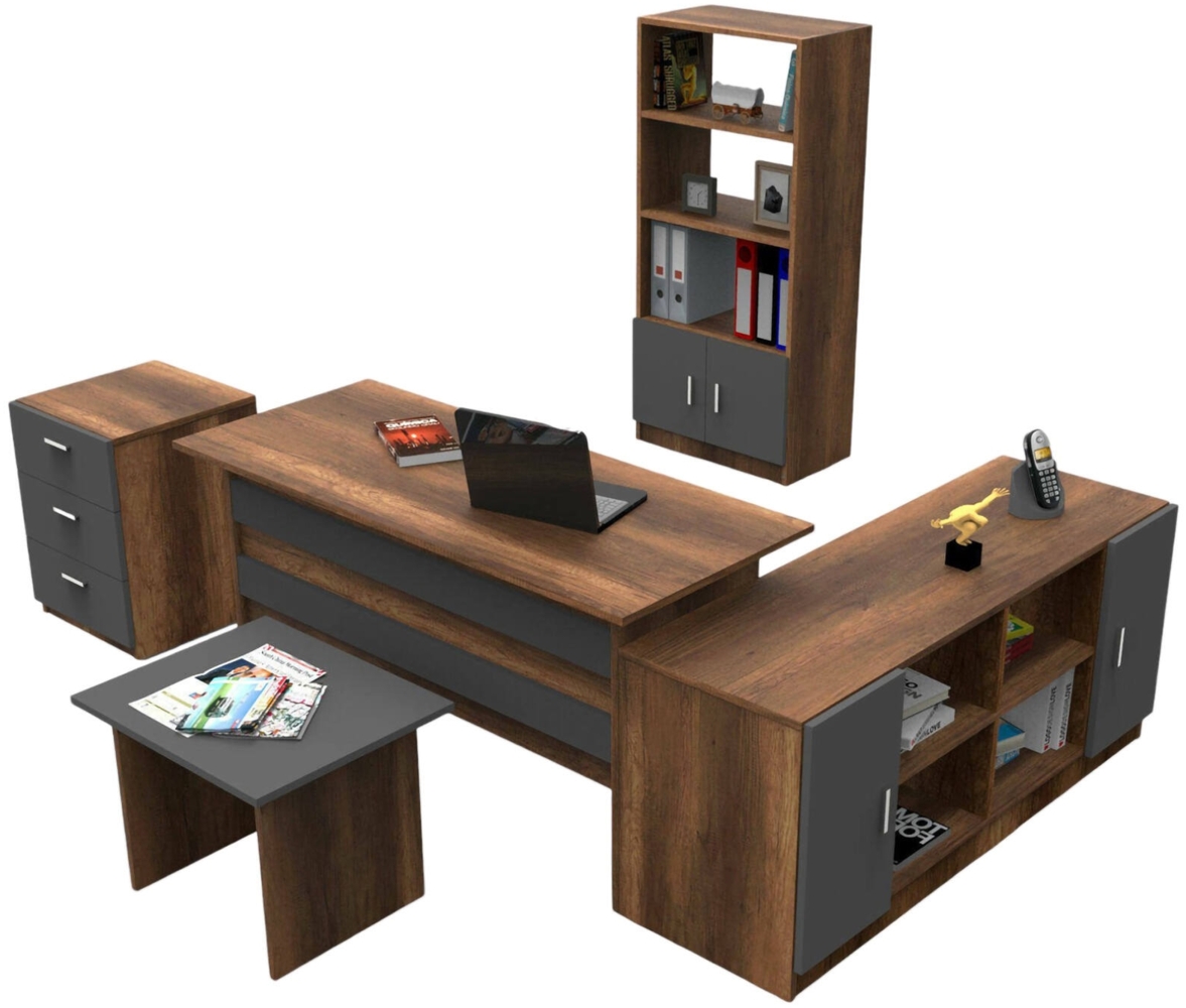 Dmora Büro-Set Hilda, Studio-Komposition, Büroartikel, Schreibtisch und Schubladenset, Walnuss und Anthrazit Bild 1