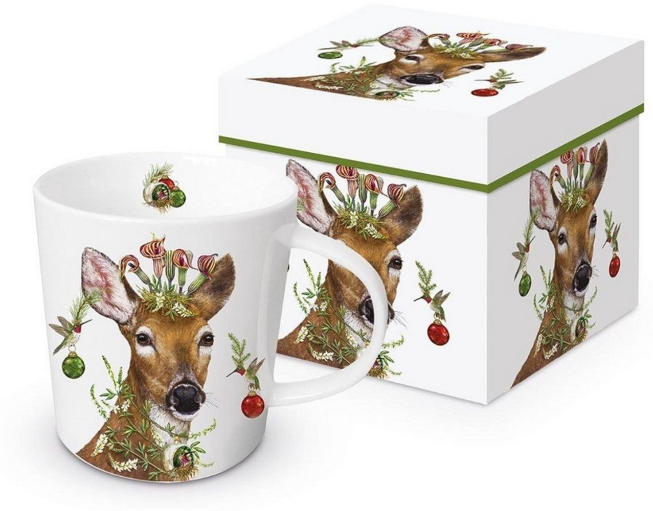 PPD Becher PPD, Weihnachten, Blumen, Tieren, Planzen, Winter, Waldtieren Motiv, Porzellan Weinachtstasse, Weinachten, Tiere, Reh mit Weinahctsdeko, - Eigenschaften: Lebensmittelecht, Mikrowellengeeignet, Spülmaschinenfest, Ideal als Geschenk, Kollektio... Bild 1