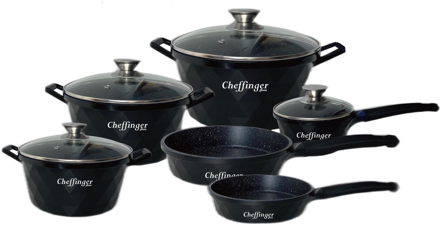 12-Teilig Kochtopf Set Induktion Kochtöpfe Diamant Topf Induktion Alu Guss Töpfe Deckel Handschuhe Schwarz Bild 1