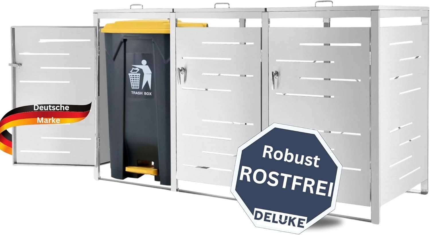 DELUKE® 3er Mülltonnenbox APOC Edelstahl - für 120-240L Tonnen 3er Mülltonnenverkleidung für 3 Tonnen 240L Müllbox aus Metall Mülltonnenschutz Mülltonnendach Mülltonnenhaus Silber Bild 1