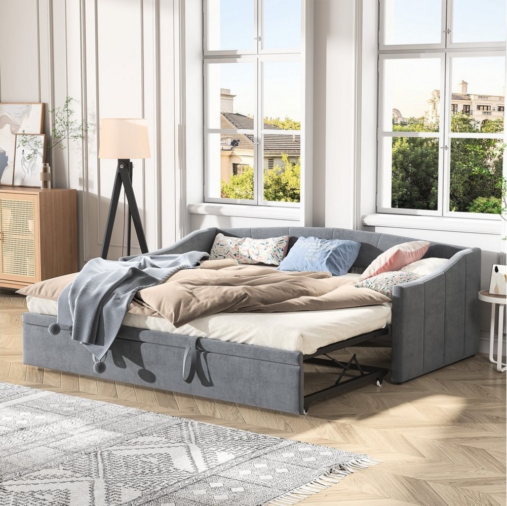 PXloue Polsterbett Daybett Tagesbett Ausziehbett (Ohne Matratze), Schlafsofa,mit Unterbett 90x200cm/180x200cm und Lattenrost,Samt Bild 1