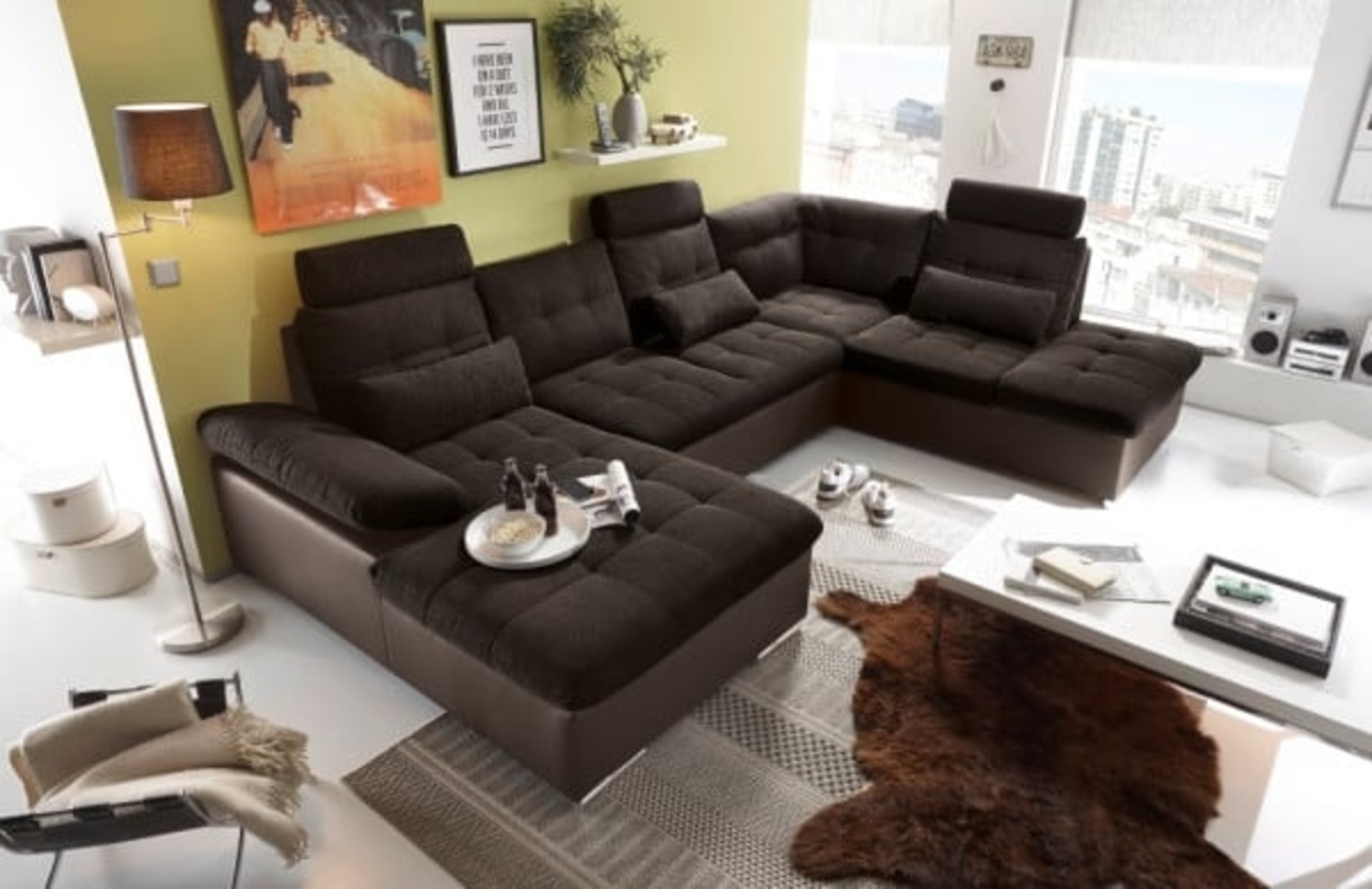 Couch Wohnlandschaft Schlaffunktion Schlafsofa braun schwarz Ottomane rechts Bild 1