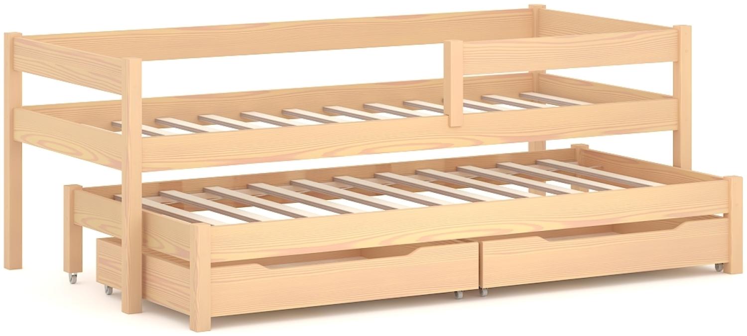 WNM Group Kinderbett Ausziehbar JULA mit Rausfallschutz und Lattenrost - Bett mit Schubladen - Ausziehbett für Jugendliche - Jugendbett - Funktionsbett - Gebleichte Eiche - 70x140 70x130 Bild 1