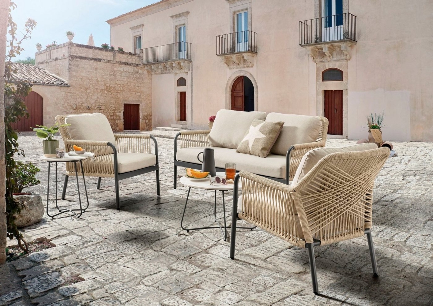 Destiny Gartenlounge-Set GENUA, (12-tlg, 1x 2er Sofa, 2x Sessel, 2x Tisch, inkl. Auflagen), Aluminium, Olefin-Rope Bild 1