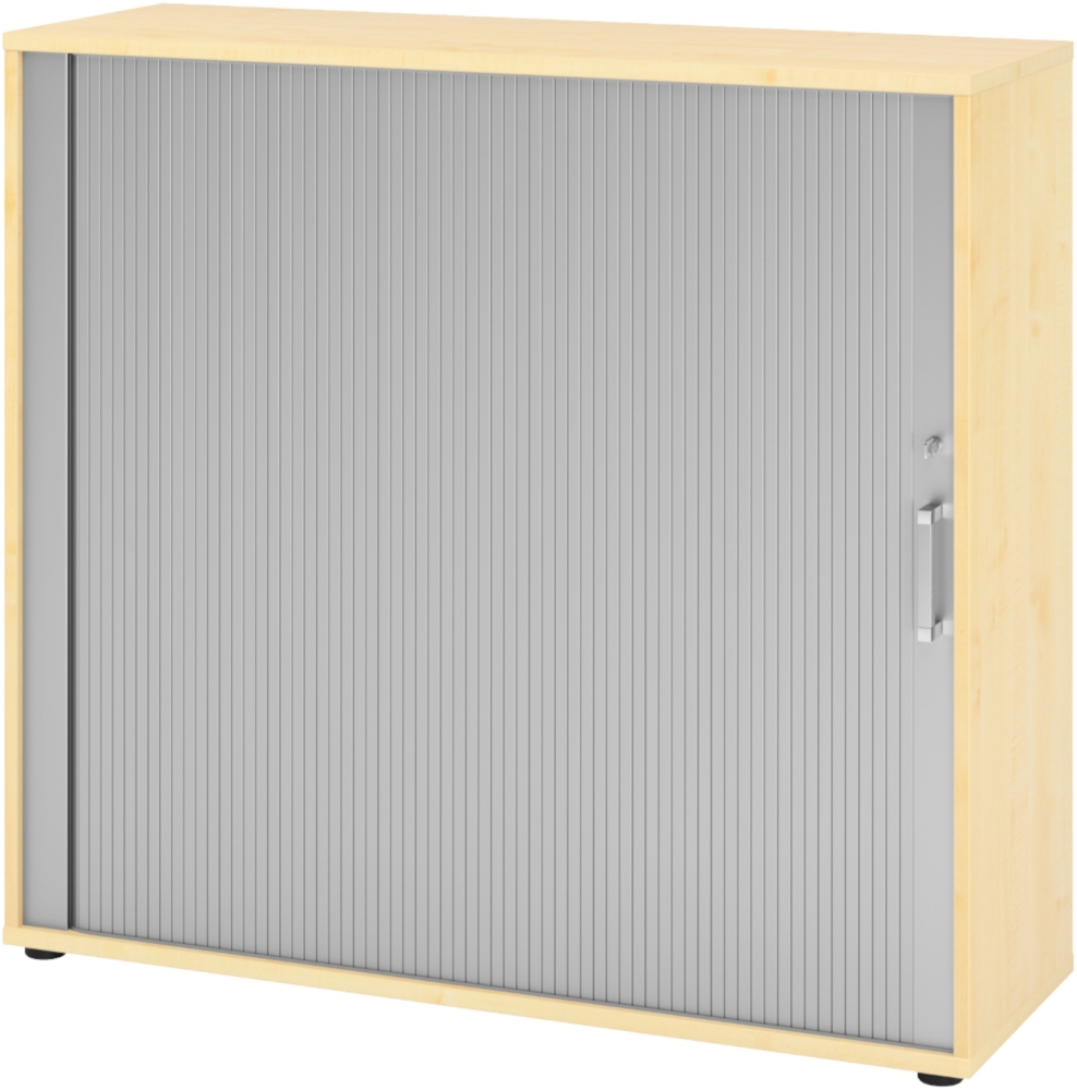 bümö Aktenschrank abschließbar mit Rollladen, Rollladenschrank für Ordner & Co. - Büroschrank mit Rollo, abschließbarer Ordnerschrank aus Holz in Ahorn/Silber mit Chromgriff, 1733S-3-S-CE Bild 1