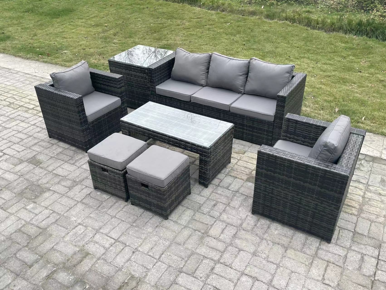 Fimous Lounge Rattan Sofa Set Outdoor Gartenmöbel Länger rechteckiger Couchtisch mit 2 Stühlen 2 Hocker Extra Beistelltisch Bild 1