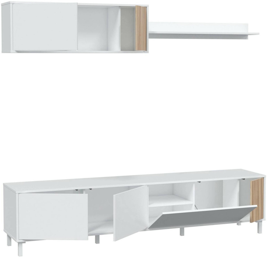 Dmora Banari-Wandeinheit, Wohnzimmerschrank mit Türen, Hängegarderobe mit Regal, Mehrzweck-Sideboard, 200 x 40 x 47 cm, Weiß und Eiche Bild 1