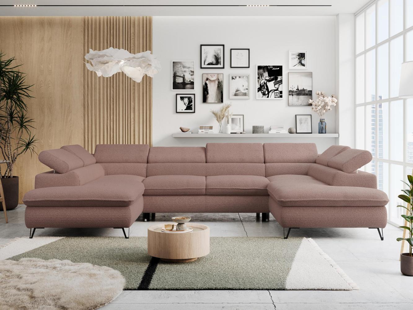 Mks Möbel 'Peter U-Form' Ecksofa mit Bettkasten, Bettfunktion & einstellbaren Kopfstützen, Rosa, Boucle Bild 1