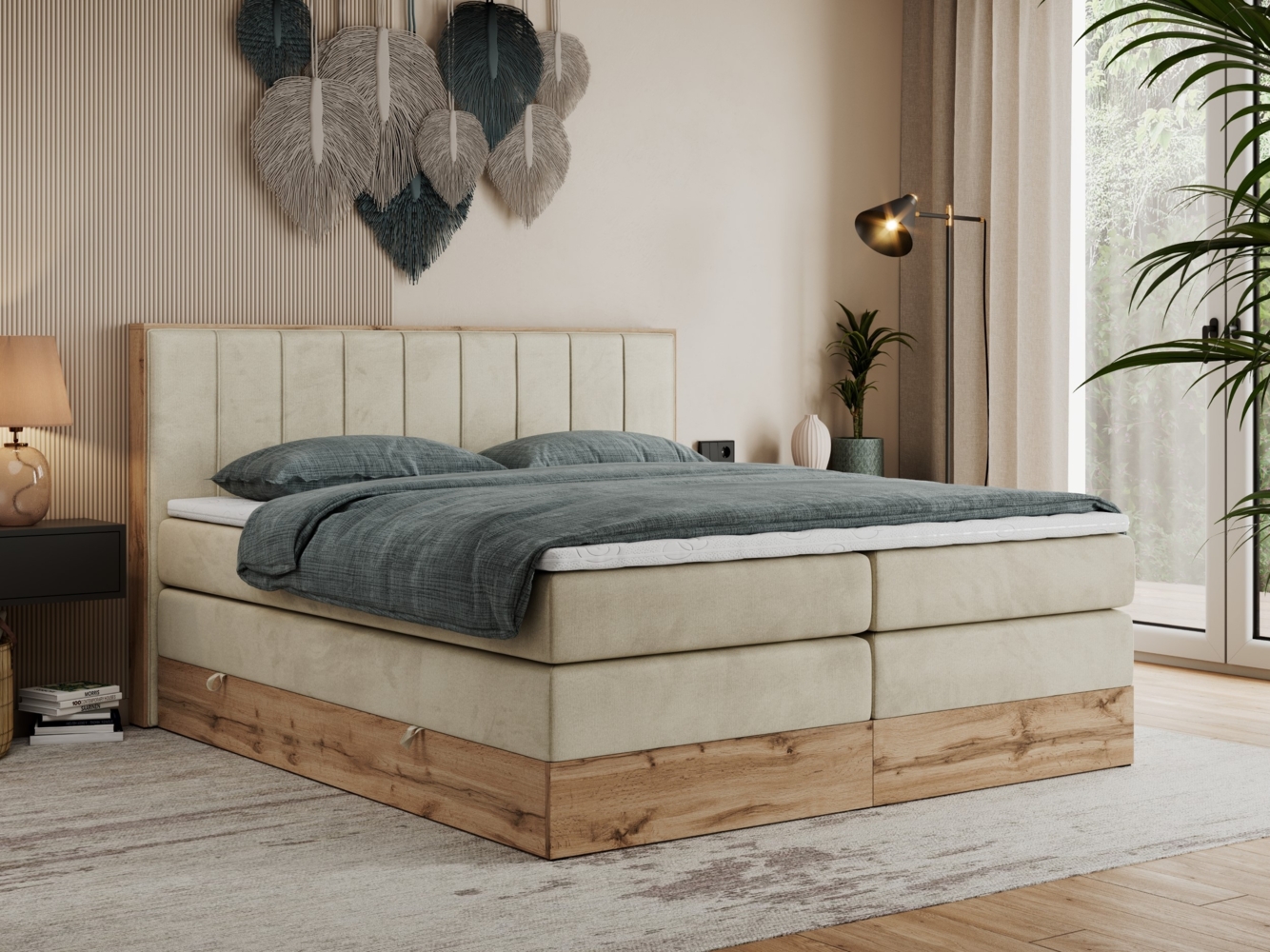 Boxspringbett BELLISSIMO KING, Doppelbett mit Multipocket-Matratze, Polsterbett mit Kopfstütze - 200x200 cm - Beige Velvet - H3 Bild 1