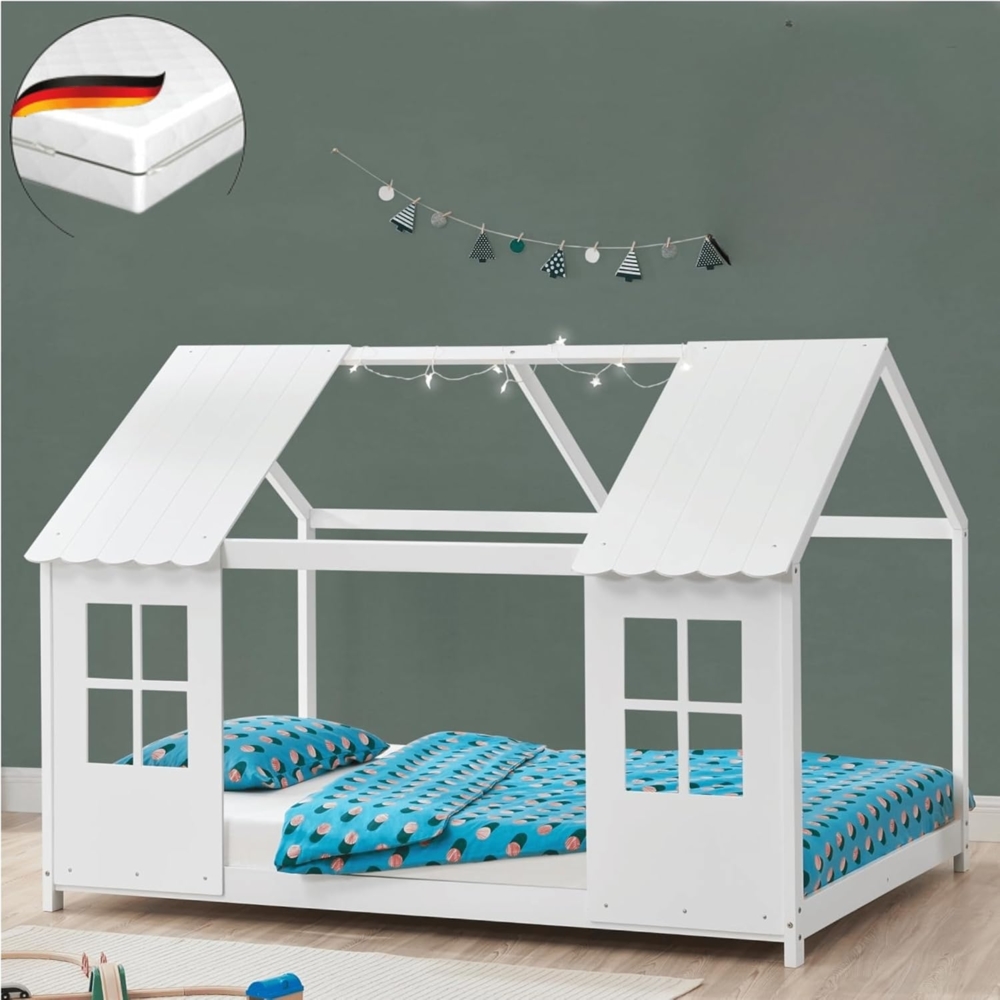 DELUKE® Kinderbett 120x200 GELO - mit Matratze Lattenrost Rausfallschutz Haus-OptikEinzelbett aus Holz Hausbett Kinderzimmer Montessori Bett Weiß Bild 1