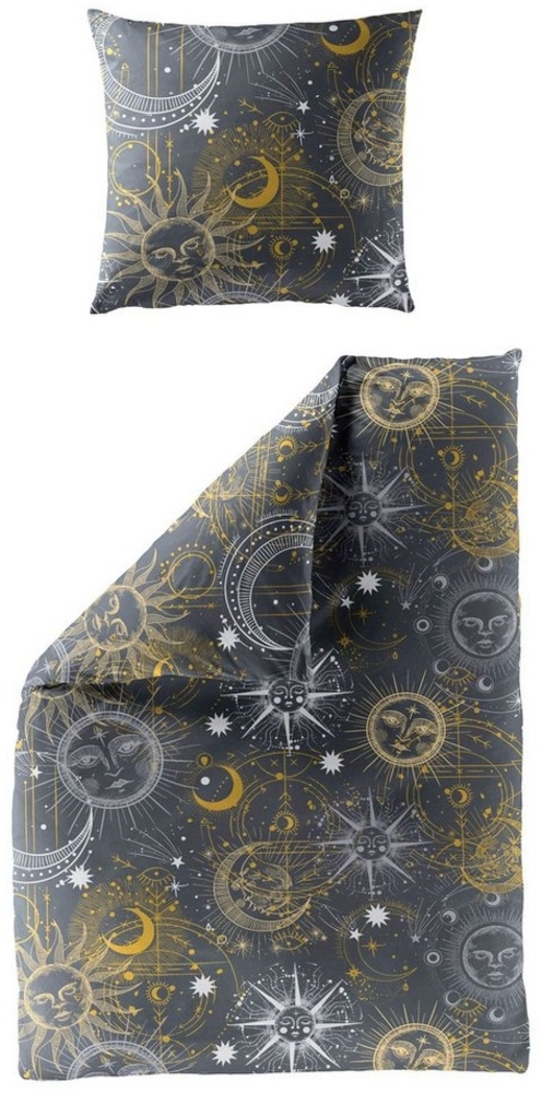 JACK Bettwäsche 135x200cm Sonne Mond Sterne Anthrazit, Biber, 2 teilig, mit atemberaubendem Sonne-Mond-Sterne-Design Bild 1
