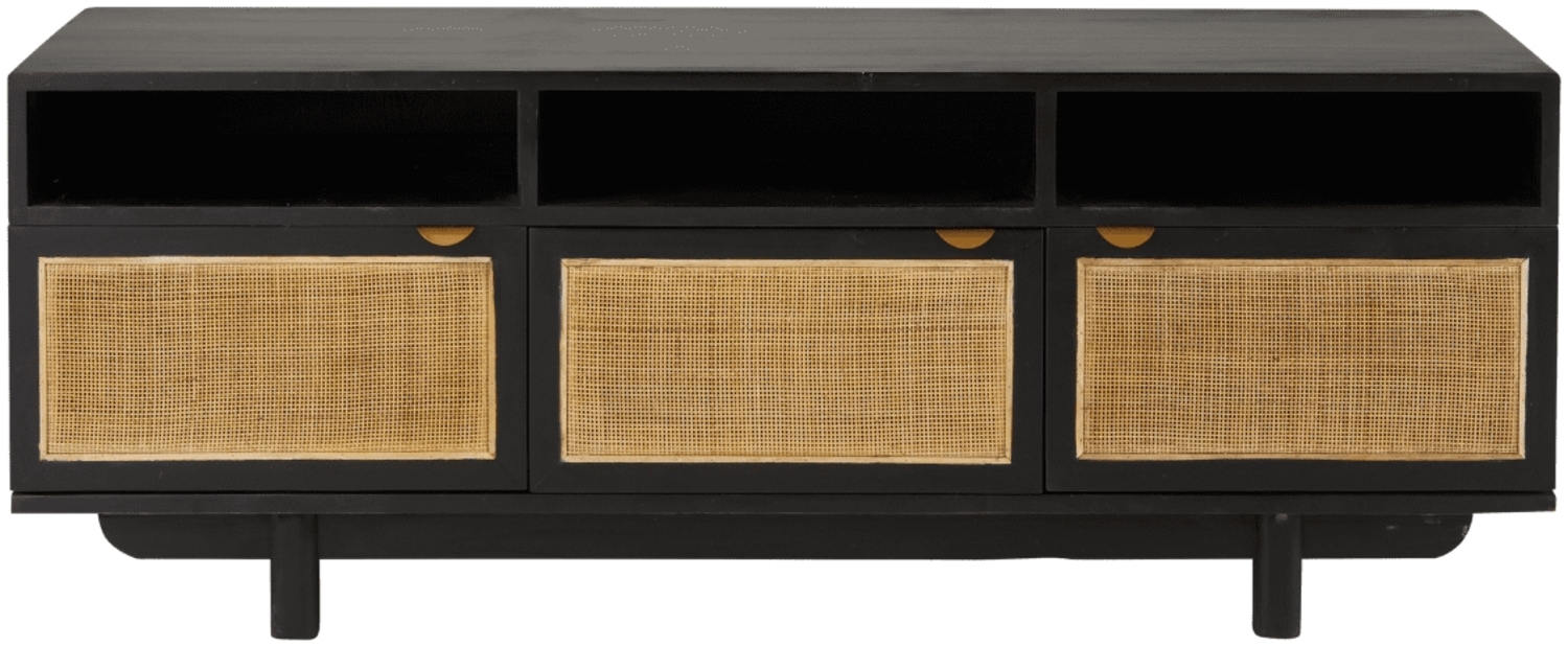 Signature 'CALVI' TV-Schrank Schwarzkiefernholz und natürlichem Rohrgeflecht - L160 cm - Schwarz Bild 1