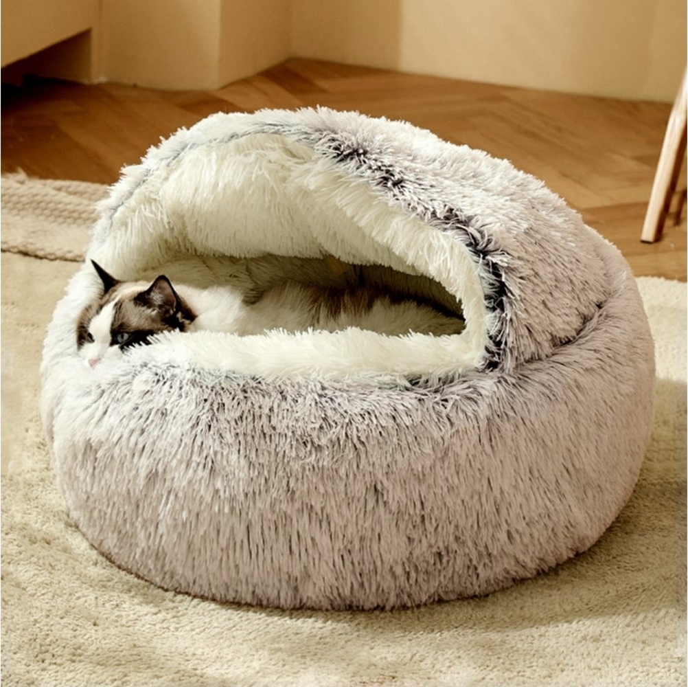 CALIYO Tierbett Flauschiges Katzenbett, rund, weiches Plüsch, Höhle mit Kapuze, Kunstpelz, Rutsch- und wasserdichte Unterseite Bild 1