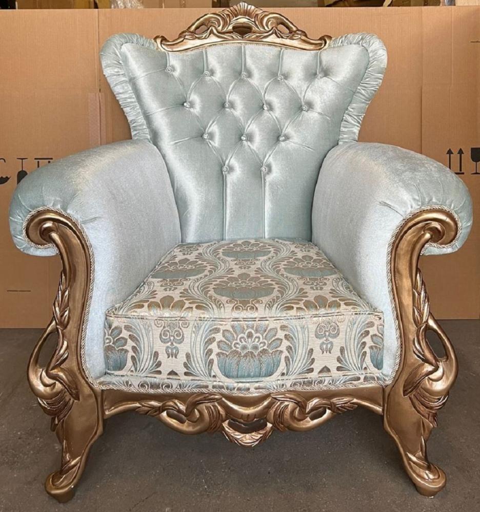 Casa Padrino Luxus Barock Sessel Türkis Muster / Gold - Prunkvoller Wohnzimmer Sessel mit Glitzersteinen - Luxus Wohnzimmer Möbel im Barockstil - Barock Möbel - Edel & Prunkvoll Bild 1