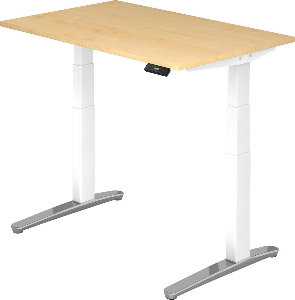 bümö® Sitz- & Stehschreibtisch Serie-XBHM elektrisch höhenverstellbar mit Memoryfunktion, Tischplatte 120 x 80 cm in Ahorn, Gestell in weiß / aluminium poliert Bild 1