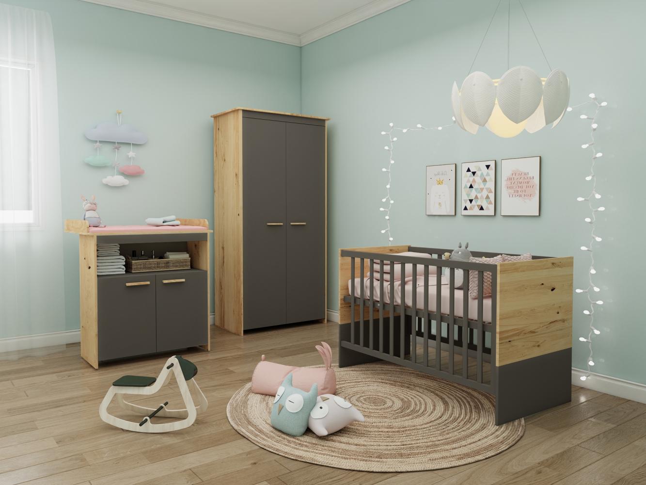 roba Babyzimmer Set Anna 3-teilig - Baby- & Beistellbett 60 x 120 cm + Wickelkommode + Kinderkleiderschrank 2-türig - Anthrazit / Dekor Kent Eiche Bild 1