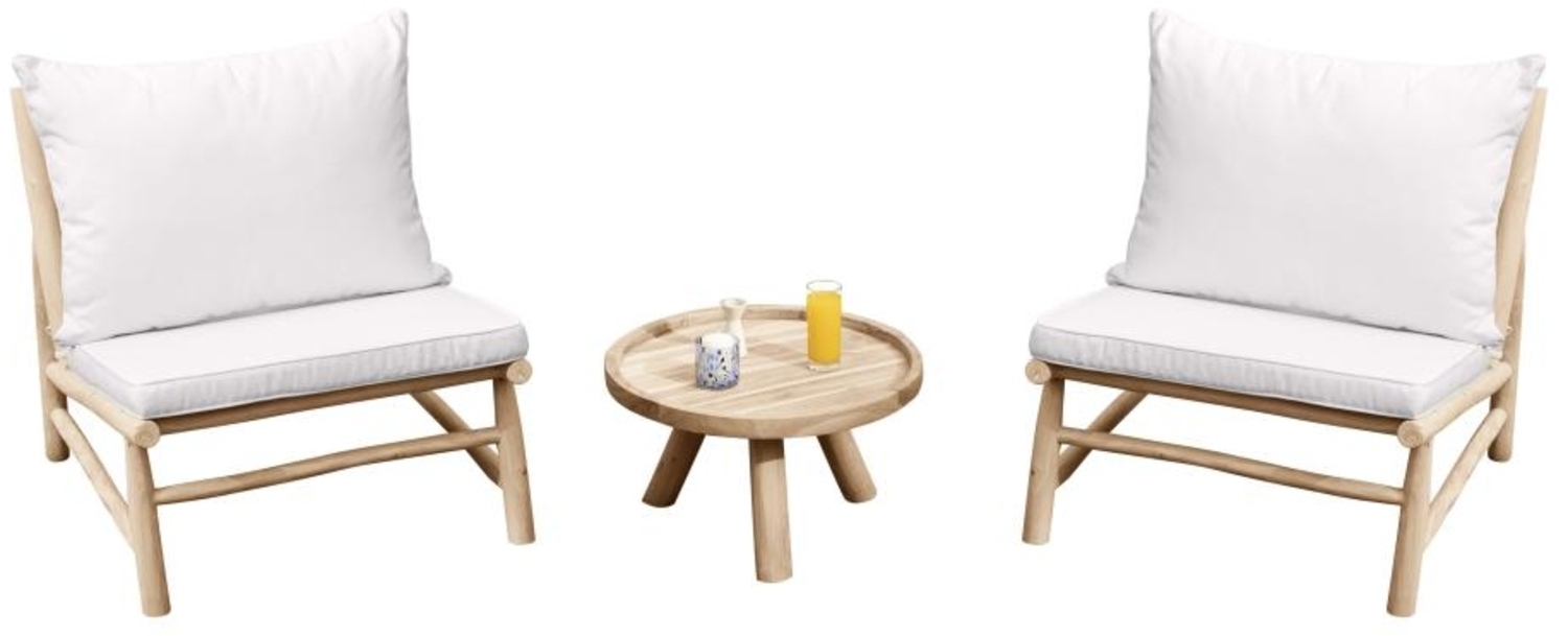 Vente-unique - Garten-Sitzgruppe: 2 Sessel & 1 runder Tisch - Teakholz - Holzfarben hell & Weiß - TULUM von MYLIA Bild 1