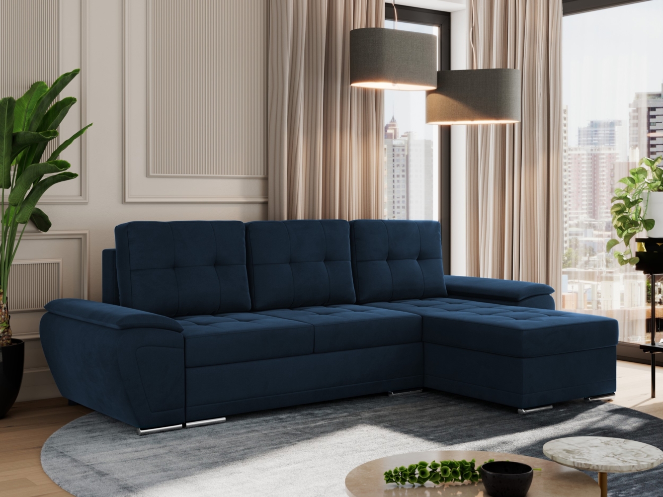 Universelles Ecksofa mit Schlaffunktion, Bettkasten und losen Kissen, gesteppte Sitzfläche - UMBRIA - Dunkelblau Velvet Bild 1