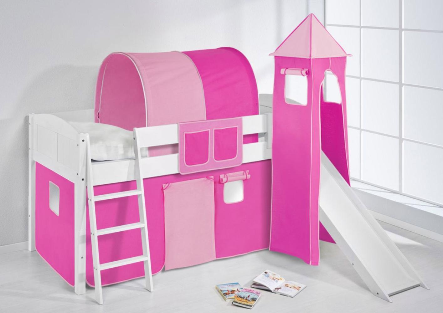 Lilokids 'Ida 4105' Spielbett 90x200 cm, Rosa, Kiefer massiv, mit Turm, Rutsche und Vorhang Bild 1