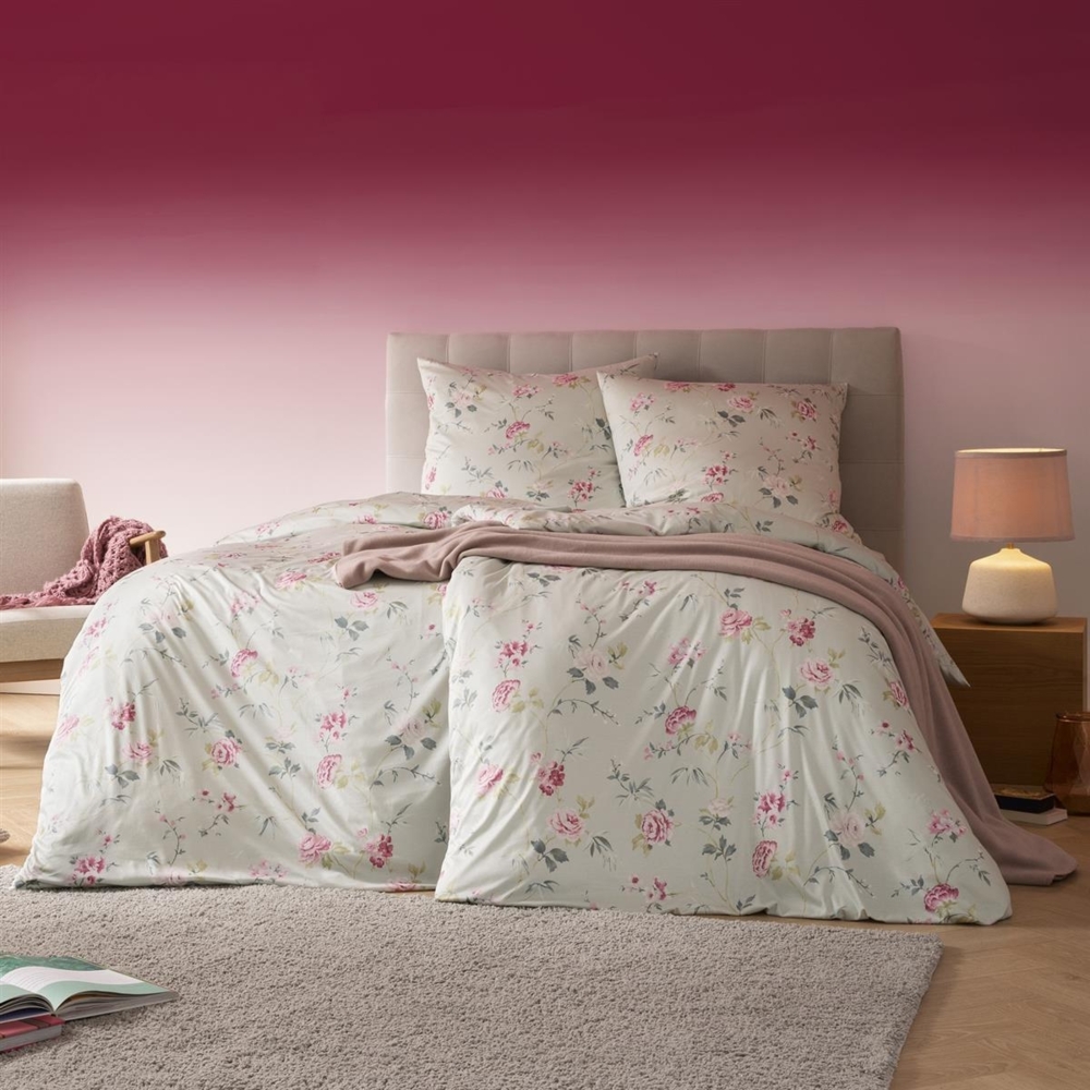 Estella Mako Jersey Bettwäsche 135x200 Emilie mint Rosen Blüten rosa 6272-520 Bild 1