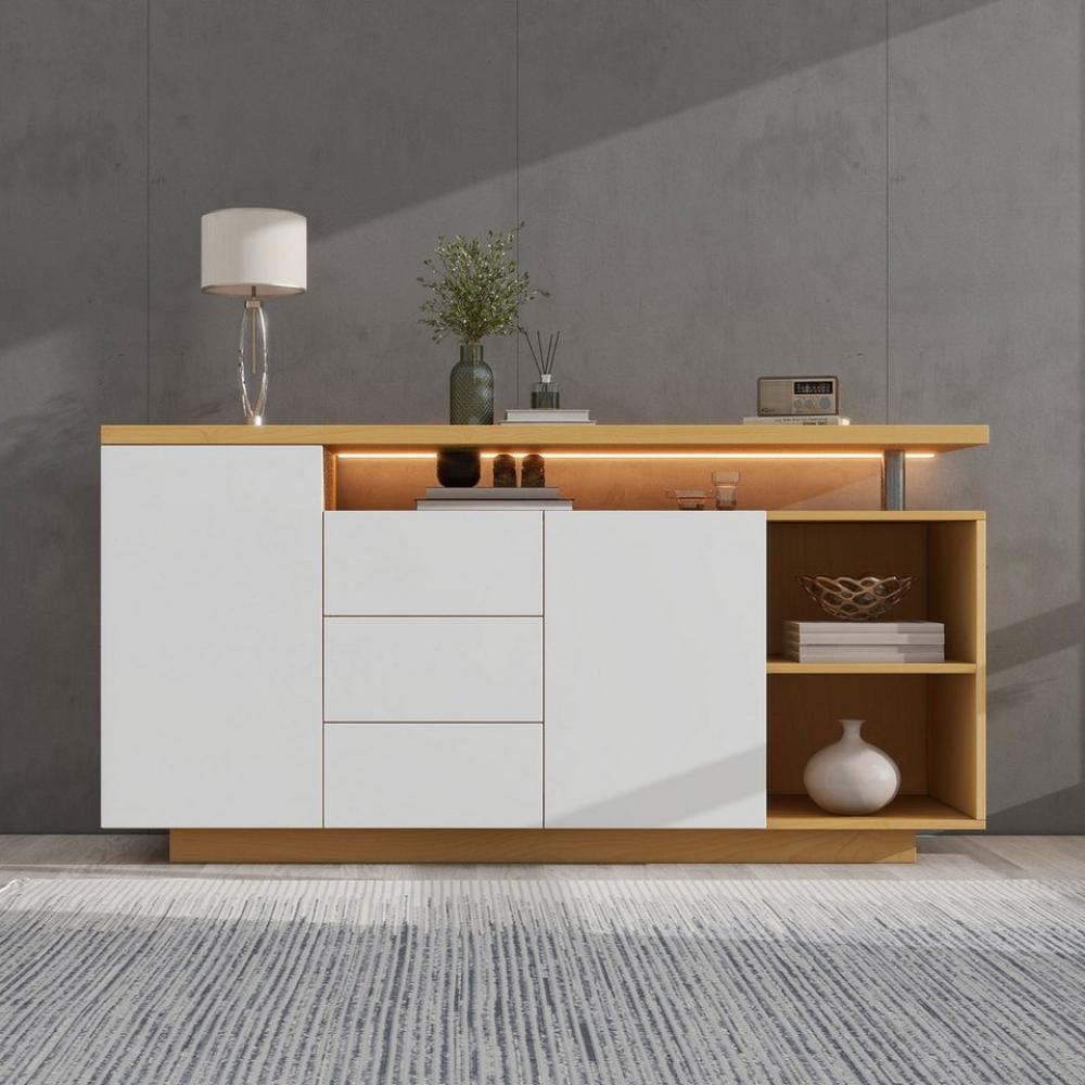 MODFU Sideboard Kommode mit 3 Schubladen und 2 Türen (mit Einlegböden verstellbar, mit LED-Beleuchtung) Bild 1