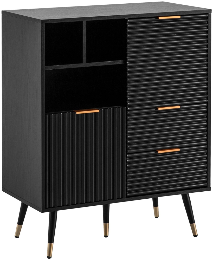 Sideboard 77x97x40 cm Anrichte Schwarz mit Eiche-Dekor, Kommode mit Türen und Schubladen, Kommodenschrank Flurschrank mit Regal Modern, Standschrank Wohnzimmer Metallbeine Bild 1