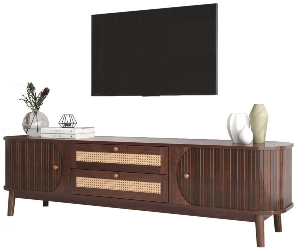 REDOM TV-Schrank TV Schrank Lowboard Fernsehschrank Entertainment Center Stand Ständer (170x46x39.5 cm mit Schiebetüren und 2 großzügigen Schubladen, Wohnzimmer TV-Lowboard aus Spanplatte) mit Rattan Design Massivholzbeine Natürlicher Landhausstil Bild 1