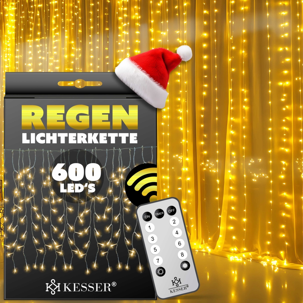 KESSER® Regenlichterkette Lichterkette inkl Fernbedienung - 8 Leuchteffekte - Timer - In- & Outdoor Regenkette Deko Weihnachtsbeleuchtung Party Warmweiß, 600 LED's Bild 1