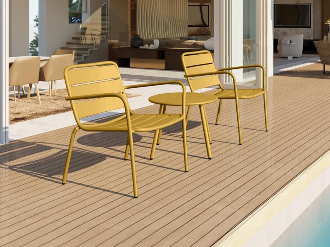 Vente-unique - Garten-Sitzgruppe: 2 niedrige, stapelbare Sessel + Beistelltisch - Metall - Senfgelb - MIRMANDE von MYLIA Bild 1