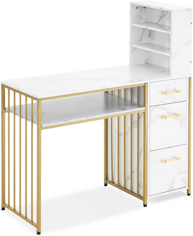 M MCombo Schreibtisch mit 3 Schubladen, Nageltisch aus Holz Metallgestell, Manikürtisch Marmor-Weiß Gold, Schminktisch ohne Spiegel Modern, Computertisch mit Regal Wohnzimmer, 43x108x125cm, 2420 Bild 1