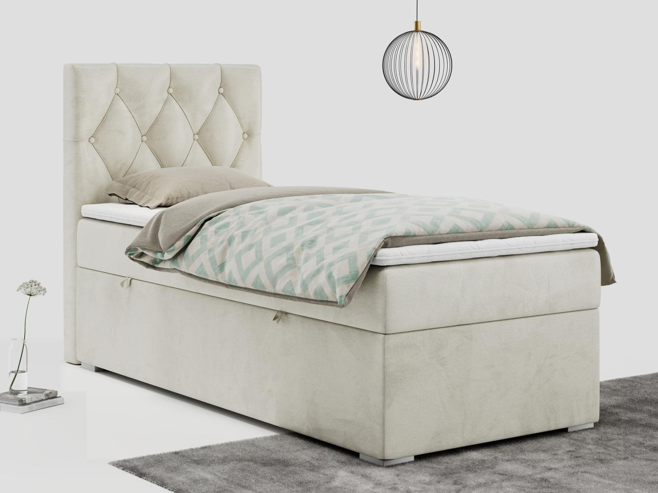 Boxspringbett ALDA, Einzelbett mit gestepptem Kopfteil und einem Bettkasten, 90x200 - Beige Velours - links - H4 Bild 1