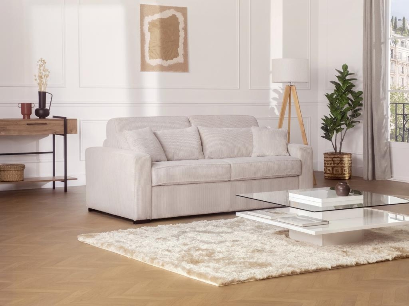 Vente-unique - Schlafsofa mit Matratze 4-Sitzer - Liegefläche mit Lattenrost mit breiten Latten 160 cm - Matratze 18 cm - Cord - Beige - MONDOVI Bild 1