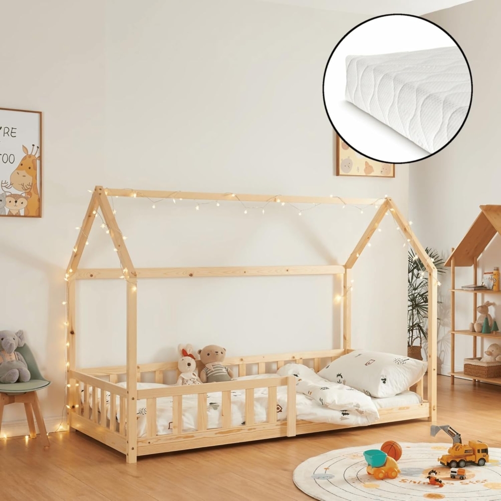 DELUKE® Kinderbett 90x200 OKLA - mit Matratze Lattenrost Rausfallschutz Haus-OptikEinzelbett aus Holz Hausbett Kinderzimmer Montessori Bett Braun Bild 1