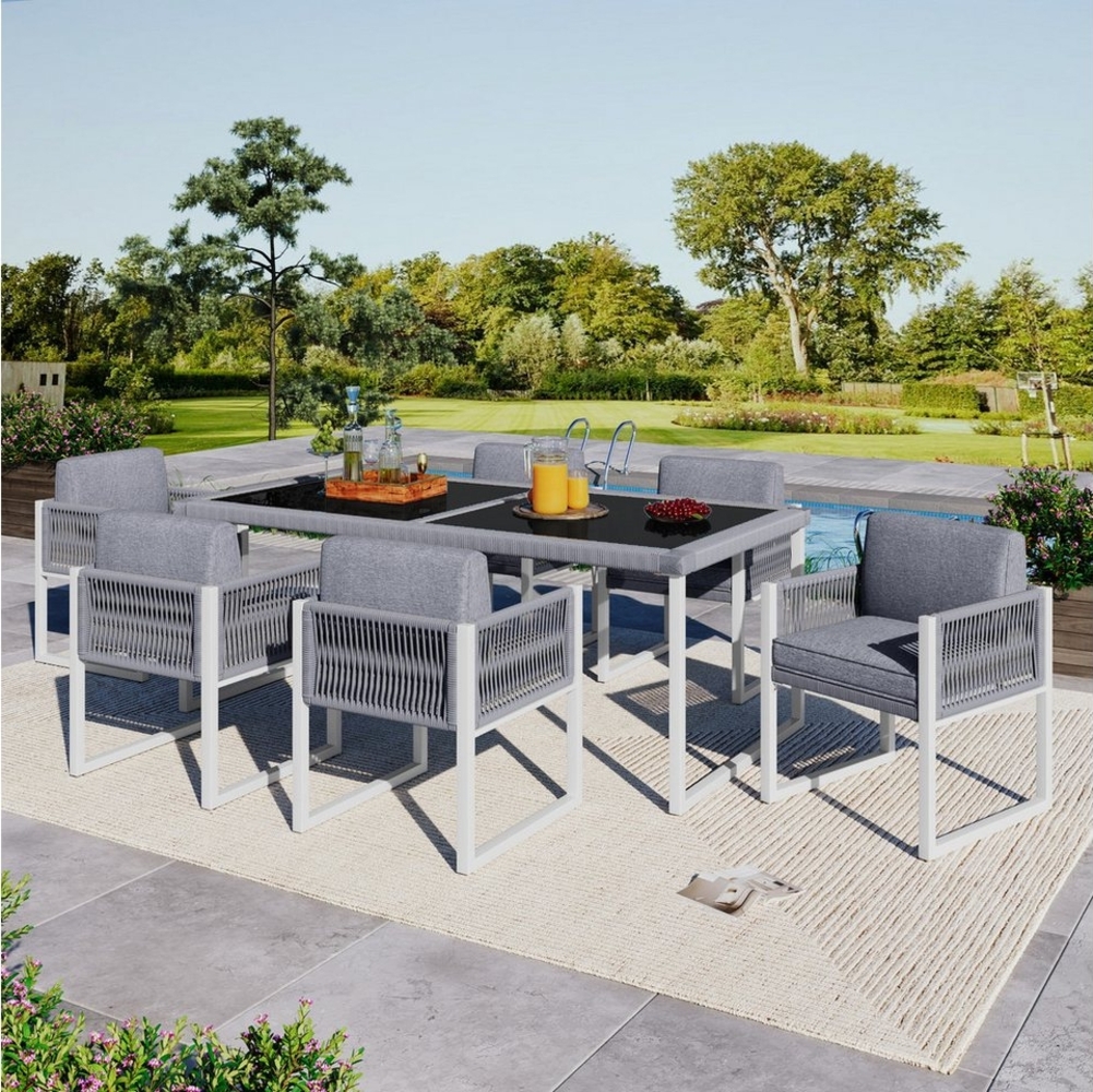 MODFU Gartenlounge-Set Esstisch-Set für den Außenbereich, (Garten-Lounge-Set, Gartenmöbel-Set, Outdoor-Sofa-Set, Balkonset, 7-tlg, 6 ergonomische Stühle, gehärtete Glasplatte, Seilkante für Sicherheit), Wetterfest, verstellbare Füße Bild 1