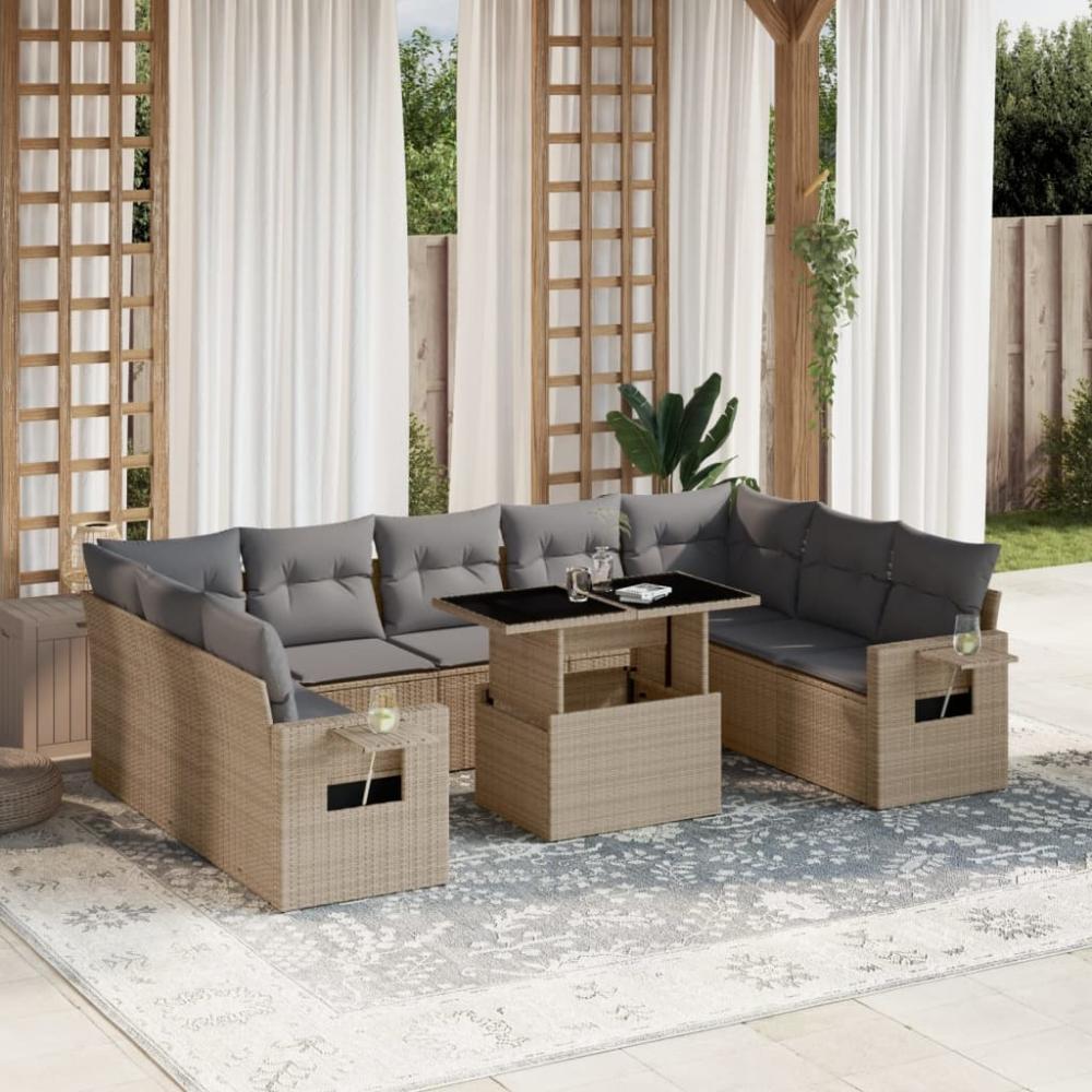 vidaXL 10-tlg. Garten-Sofagarnitur mit Kissen Beige Poly Rattan 3268109 Bild 1