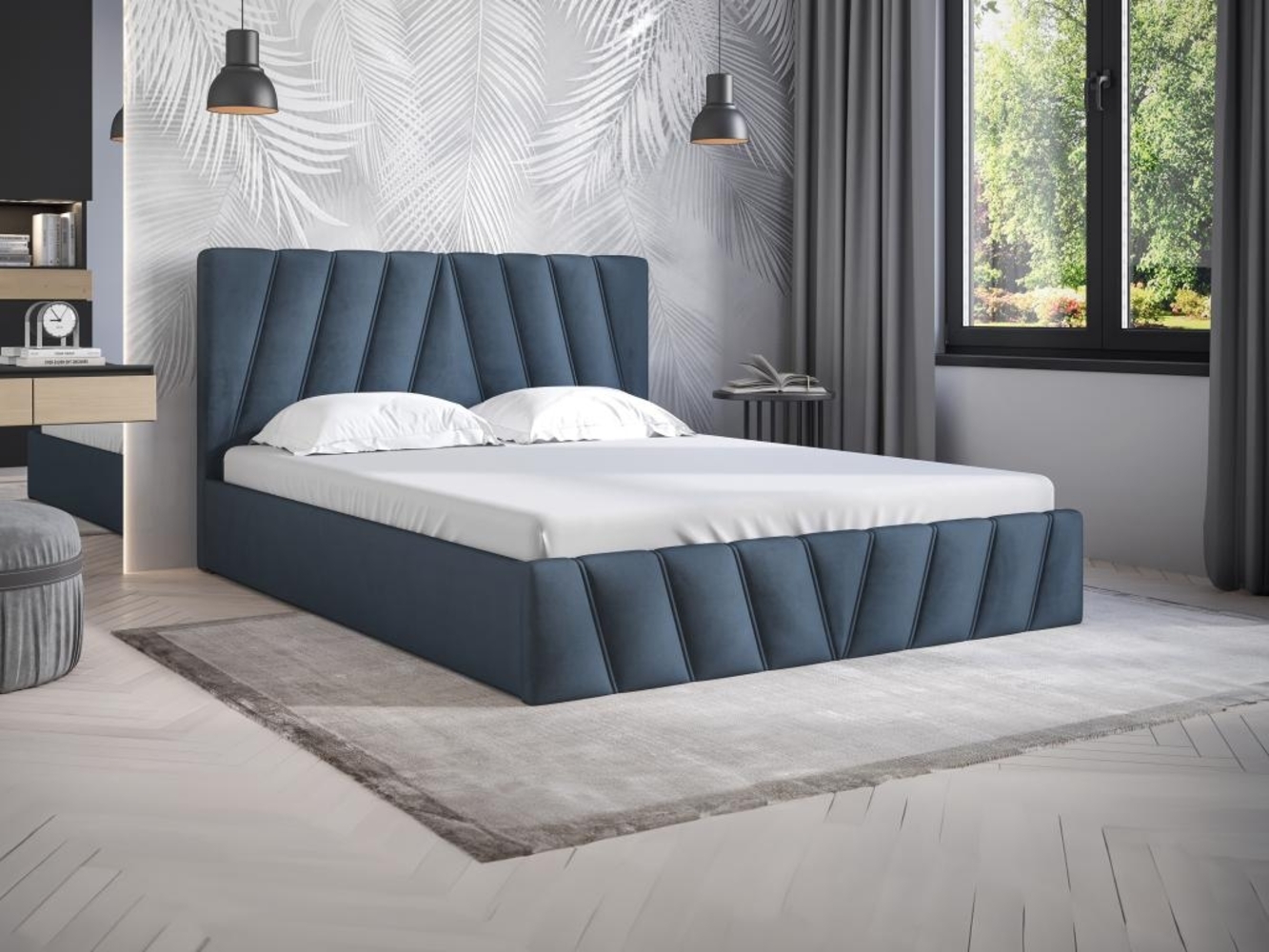 Vente-unique - Bett mit Bettkasten - 160 x 200 cm - Samt - Blau - LIDAMA von Pascal Morabito Bild 1