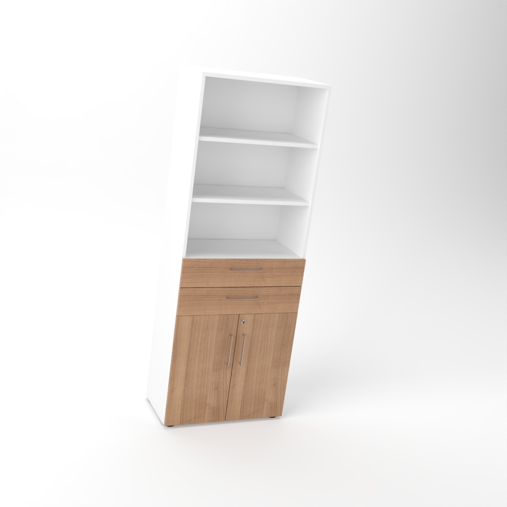 Rheinland Möbel Flügeltürenschrank Cabino 80×42×216 cm – abschließbarer Aktenschrank 2OH mit 2 Schubladen & Regalaufsatz 3OH in Weiß/Nussbaum mit 110° Drehtüren & Metallgriff Bild 1