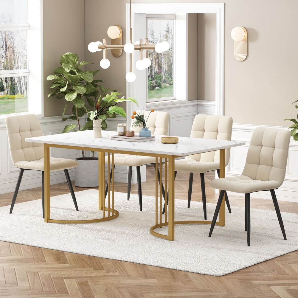 Merax Essgruppe (5-tlg),Esstisch mit 4 Stühlen Set, Moderner Küchentisch Set , 140×80cm Küchentisch mit Golden Metallbeinen, MDF Tischplatte in Weißer,Beige Samt Esszimmerstühle Bild 1